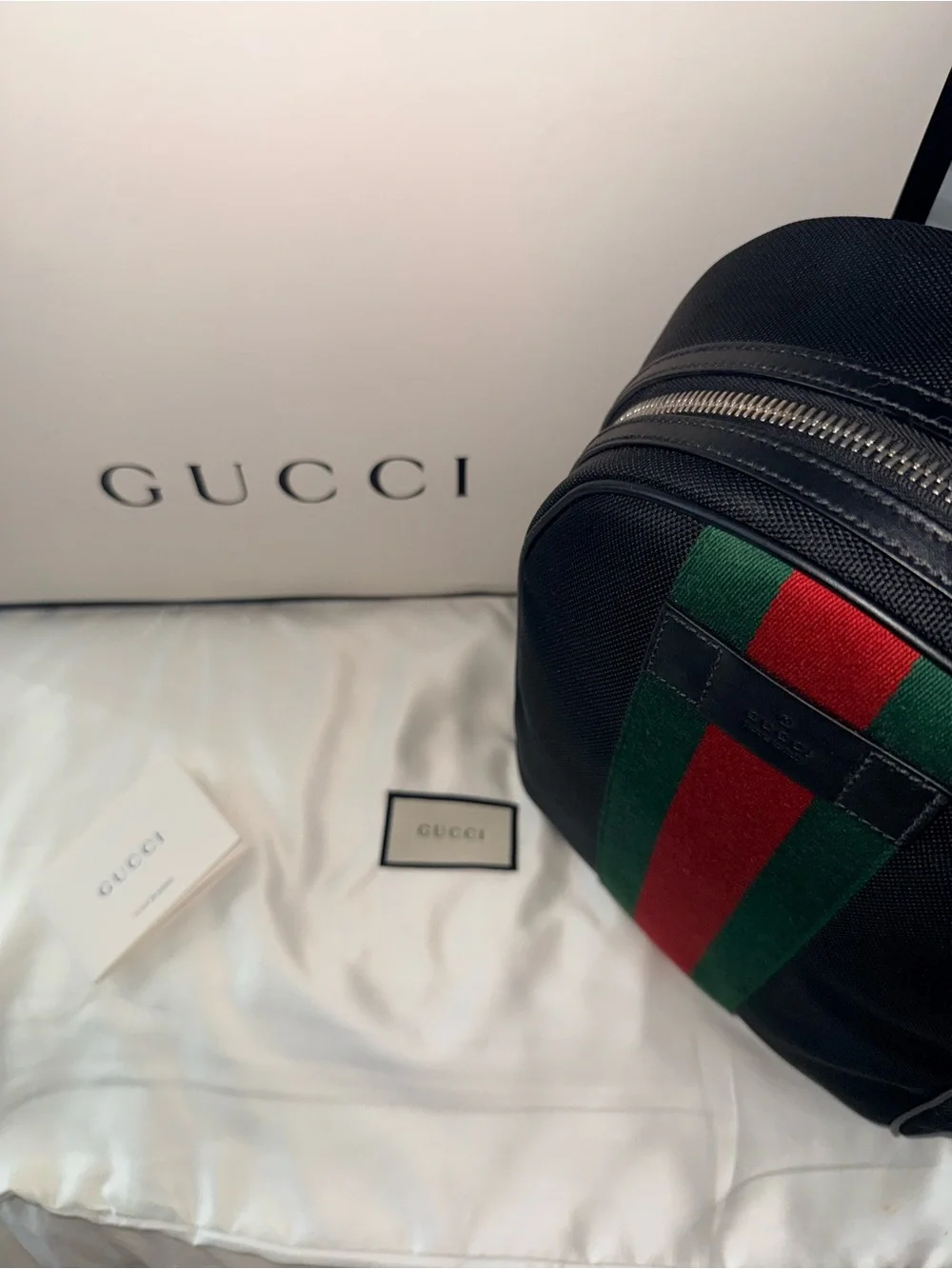 Gucci Black Nylon Backpack with Green and Red Stripe